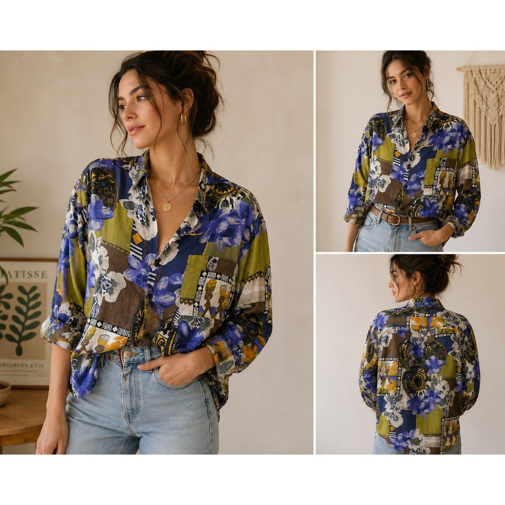City‎ Streets Vintage 100% Silk Patchwork Floral Button Down Shirt Womens Medium